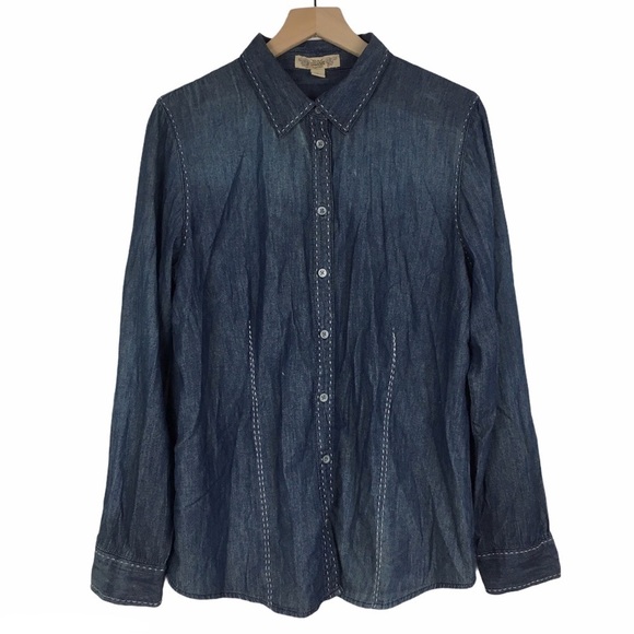 Chambray Shirt NINE WEST Button Up Long Sleeve Minimalist 100% Cotton Size Large - Picture 12 of 12